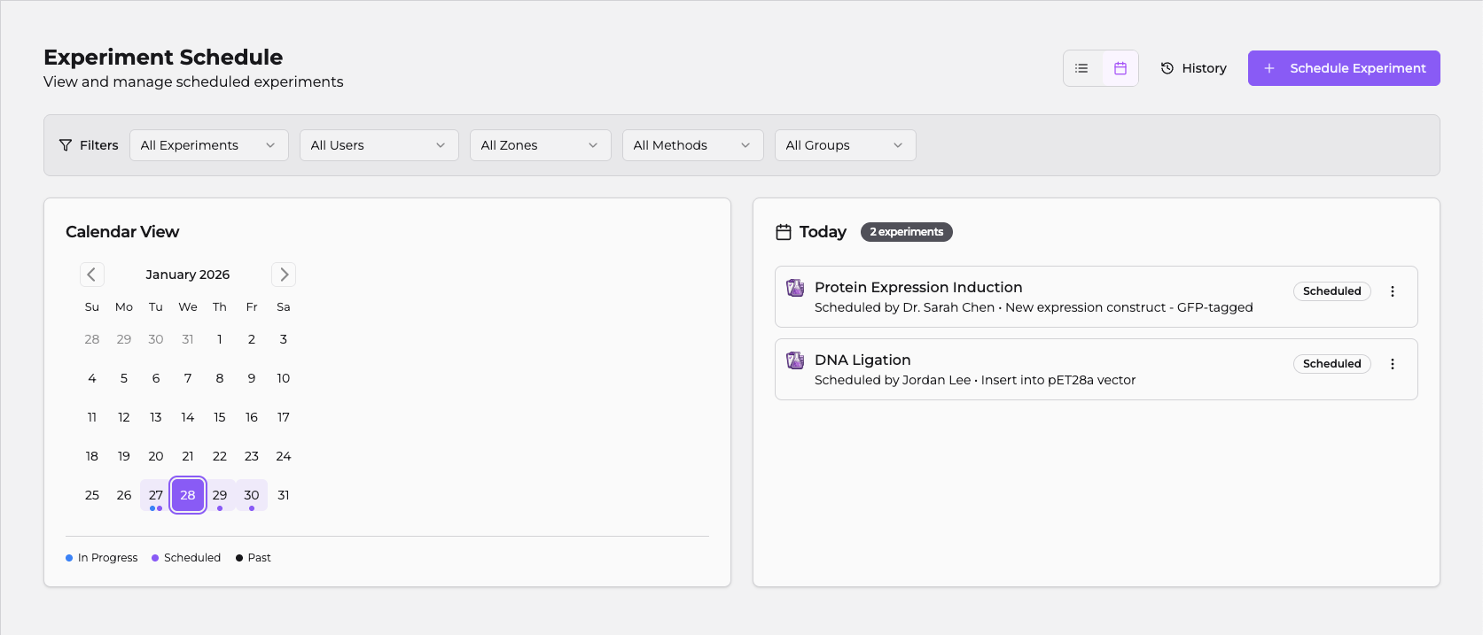 Labsistant experiment scheduling calendar with visual planning view showing scheduled experiments, status indicators, and filtering options
