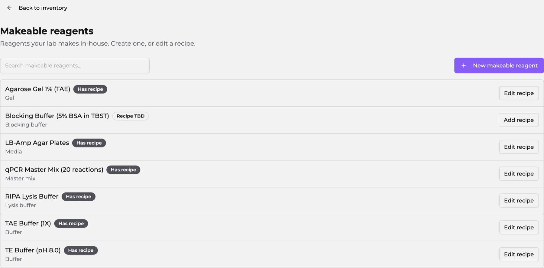 Labsistant makeable reagents list showing buffers, gels, media and master mixes a lab makes in-house, each with its category and an Edit recipe button, and one entry marked Recipe TBD with an Add recipe button because its recipe has not been written yet