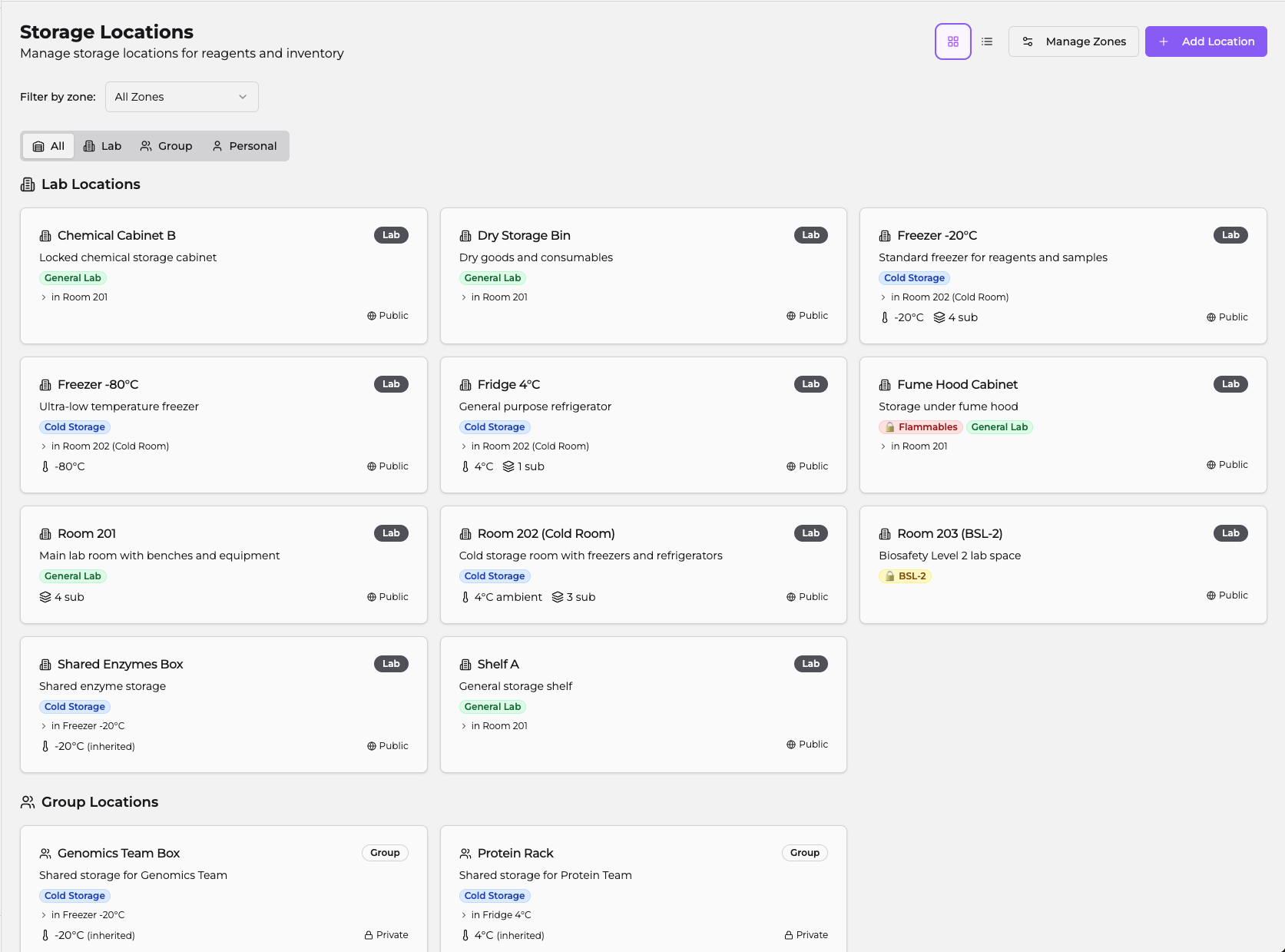 Labsistant storage locations management showing lab rooms, freezers, fridges, and temperature zones organized hierarchically